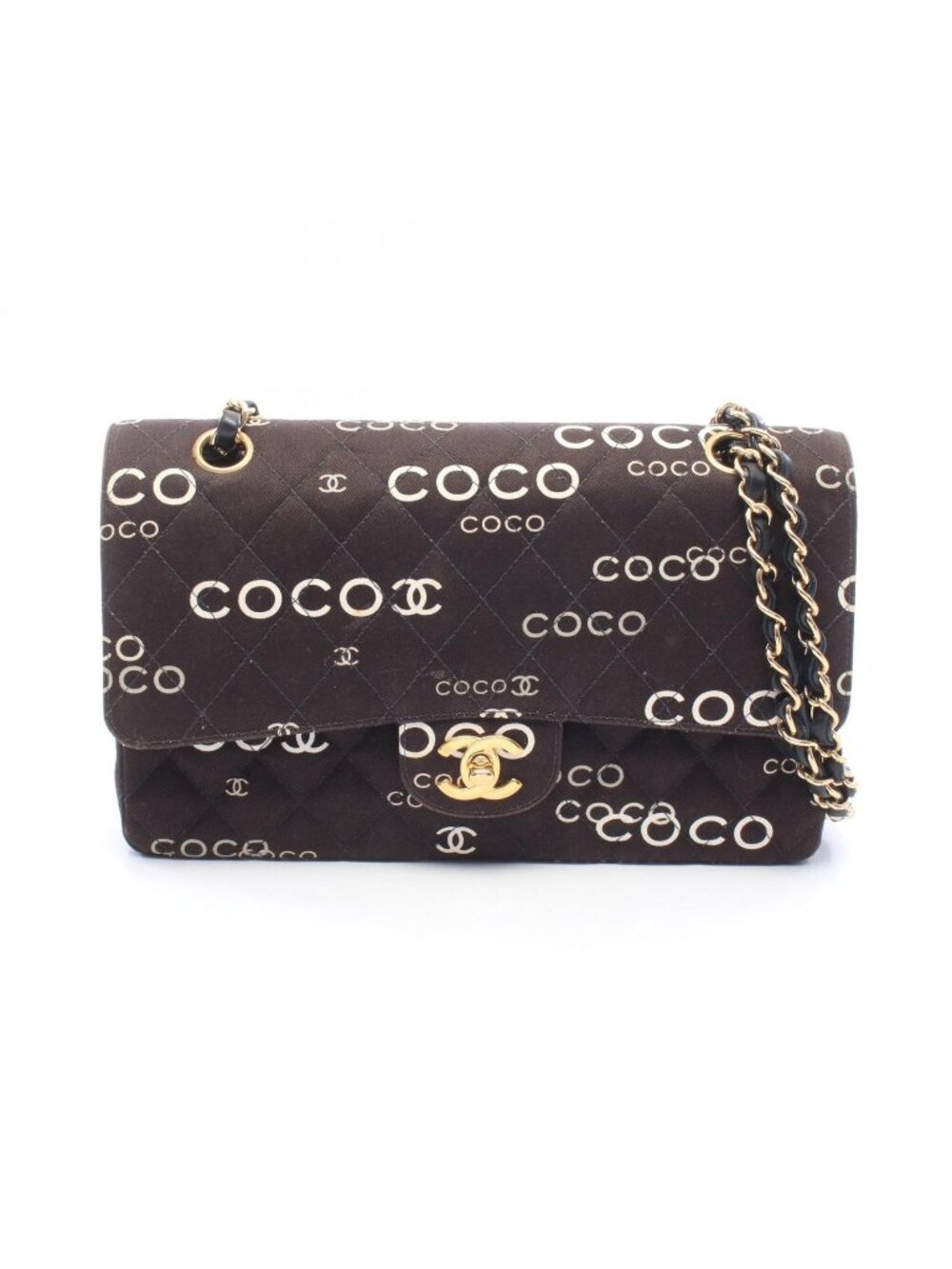 Chanel Shoulder Bag Quilted Double Flap Black Canvas Leather Coco Print Chain